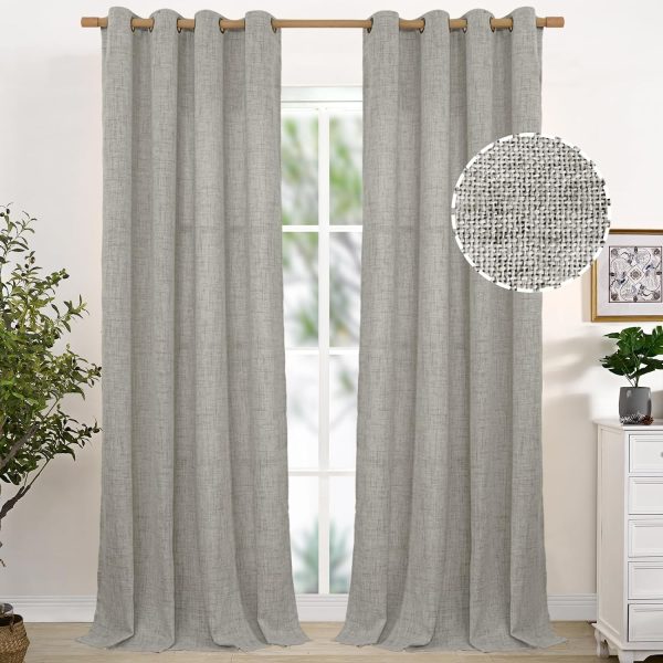 Natural Linen Curtains 63 Inch Length 2 Panels Bronze Grommet Linen Textured Short Window Drapes Light Filtering for Living Room Bedroom, 52 X 63 Inch
