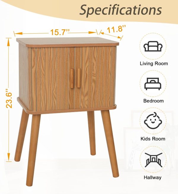 712YGn0EYwL._AC_SL1500 Mid Century Modern Nightstand, Bedside Table with Sliding Fluted Doors, End Tables Living Room with 2-Tier Storage Cabinet and Solid Wood Legs for Bedroom and Small Space, Brown