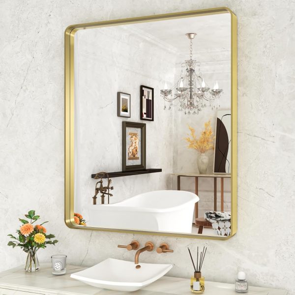 712atQfJ2vL._AC_SL1500 22x30 Inch Bronze Bathroom Mirror for Vanity, Brushed Bronze Metal Frame Mirror for Wall, Rounded Rectangle Bronze Frame Mirror with Tempered Glass, Anti-Rust (Horizontal/Vertical)