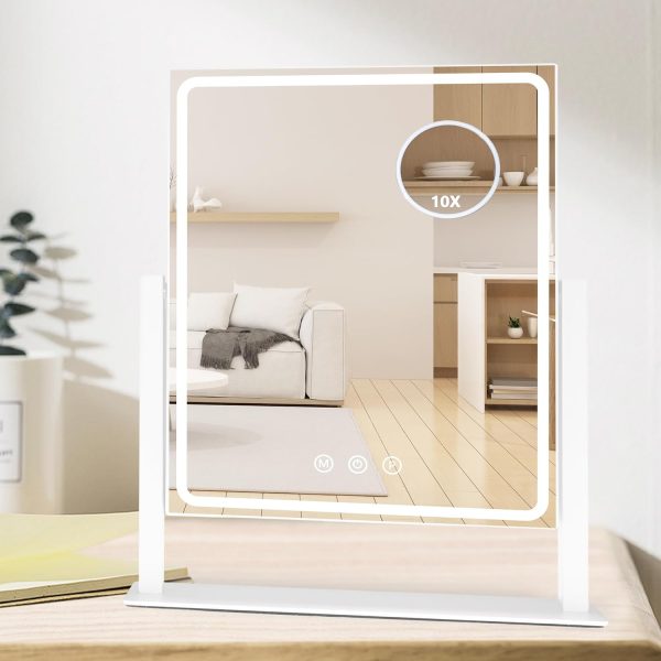 Hollywood Vanity Mirror with Lights, Lighted Vanity Mirror with Detachable 10X Magnification Mirror, 3 Colors, 1200mAh Rechargeable Standing Makeup Mirror with Lights White
