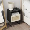 Rattan Nightstand,Modern Boho Farmhouse Wood Bedside Table with Storage Drawer and Open Shelf,Small Gold Frame Side End Table for Bedroom,Living Room,Office(White)