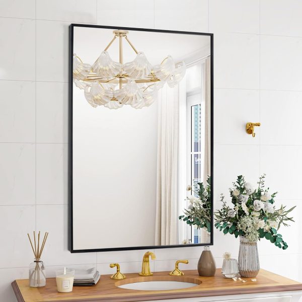 713Ew-VuKhL._AC_SL1500 Black Bathroom Vanity Mirror for Wall, 16X24 Inch Aluminum Framed Wall Mirror Rectangle, Modern Square Corner Bathroom Vanity Mirror for Bedroom, Living Room, Hangs Horizontally or Vertically
