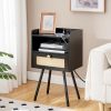 Nightstand with Charging Station, Side Table with Rattan-Like Decor Drawer, Rattan End Table with Open Storage, Bedside Table for Bedroom, Study Room, Black BB92UBZ01