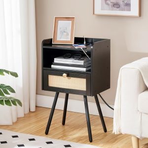 7140YWctp0L._AC_SL1500 Nightstand with Charging Station, Side Table with Rattan-Like Decor Drawer, Rattan End Table with Open Storage, Bedside Table for Bedroom, Study Room, Black BB92UBZ01