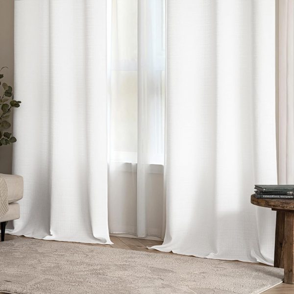 White Faux Linen Textured Curtains 72 Inch Length 2 Panels Set for Living Room Bedroom Privacy Casual Weave Farmhouse Burlap Semi Sheer Grommet Top Light Filtering Window Drapes, W37 x L72