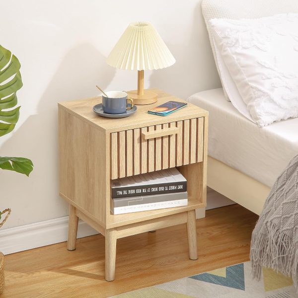 Boho Nightstand, Small Side Table Night Stand with Drawer Open Shelf, Bedside End Table with Wood Strip Decorated Drawer for Bedroom, Living Room, Dorm and Small Spaces (Natural)