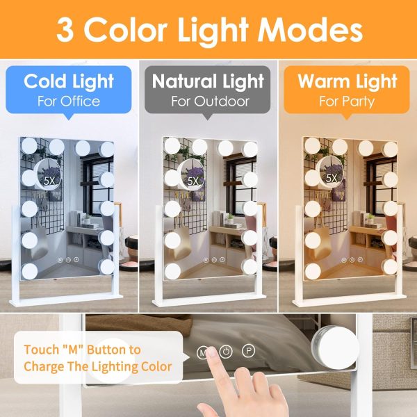 Vanity Mirror with Lights, Makeup Mirror with Lights Lighted Makeup Mirror with 3 Color Lighting Modes and 12 Dimmable Bulbs, Detachable 5X Magnification, Smart Touch Control, 360°Rotation, White