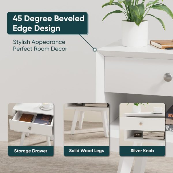716BaIDanpL._AC_SL1500 White Night Stand, Mid Century Modern Wood Nightstand with One Drawer, Bedside Table with Open Storage Shelf and Solid Wood Legs, Bed Side Table for Bedroom, End Tables for Living Room