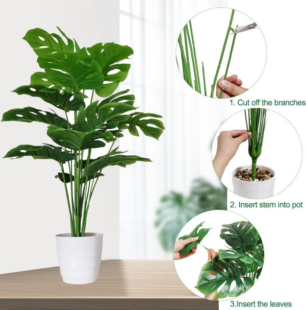 Set of 2 Artificial Monstera Deliciosa Plants in Pots, Fake Tropical Palm Tree with Greenery Leaves Stems, 28 Inch Artificial Cheese Plant for Home Bathroom, Office, Windowsill Decor