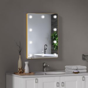 716ZfnwObqL._AC_SL1500 Hollywood Bathroom Mirror 12"*16", Framed Lighted Bathroom Vanity Mirror, Wall Mounted, Dimmable LED Mirror for Bathroom,Gold