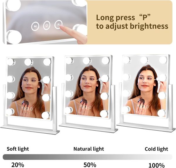 Vanity Mirror with Lights, Makeup Mirror with Lights,3 Color Lighting Modes Detachable 10X Magnification Mirror Touch Control,360°Rotation, White.