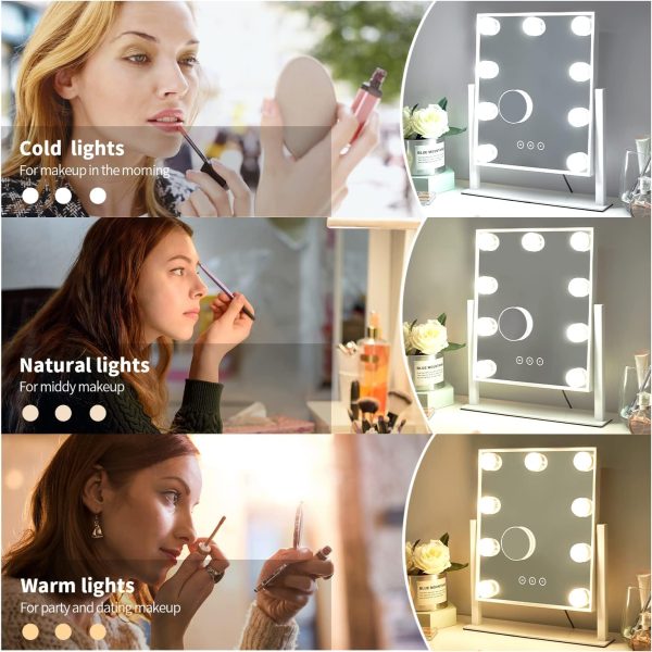 Vanity Mirror with Lights,Lighted Vanity Mirror with 9 Dimmable Bulbs for Dressing Room & Bedroom,3 Color Lighting,Modes Detachable 10x Magnification 360°Ratation(White)
