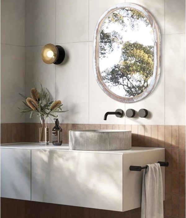 Large Oval Wood Mirror 26 x 18 Inch, Wall Framed Bathroom Mirror for Vanity Farmhouse Rustic White Mirror for Vanity Living Room Entryway Bedroom