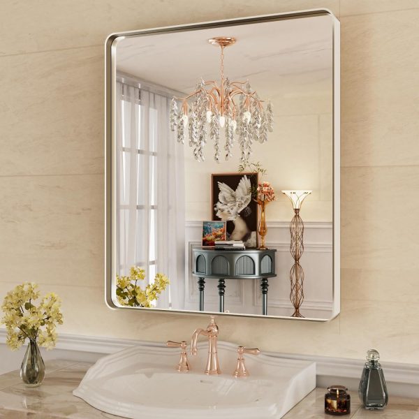 718so5xUnYL._AC_SL1500 22x30 Inch Bronze Bathroom Mirror for Vanity, Brushed Bronze Metal Frame Mirror for Wall, Rounded Rectangle Bronze Frame Mirror with Tempered Glass, Anti-Rust (Horizontal/Vertical)