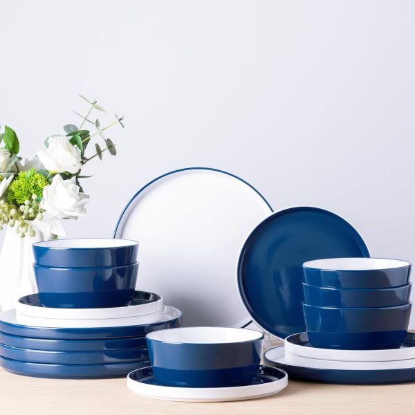 Ceramic Dinnerware Sets for 4,12 -Piece Double Color Stoneware Plates and Bowls Set,Chip and Crack Resistant | Dishwasher & Microwave Safe Dishes Set,Service for 4 -White &Blue