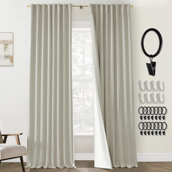 108 Inch Long Blackout Curtains & Drapes for Track System Pleated with Hooks Rings 2 Panels Set,Linen Black Out Back Tab 9FT Ceiling to Floor Length Curtains for Living Room,Cream Ivory