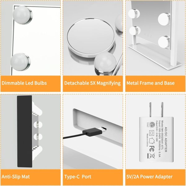 Vanity Mirror with Lights, Makeup Mirror with Lights Lighted Makeup Mirror with 3 Color Lighting Modes and 12 Dimmable Bulbs, Detachable 5X Magnification, Smart Touch Control, 360°Rotation, White