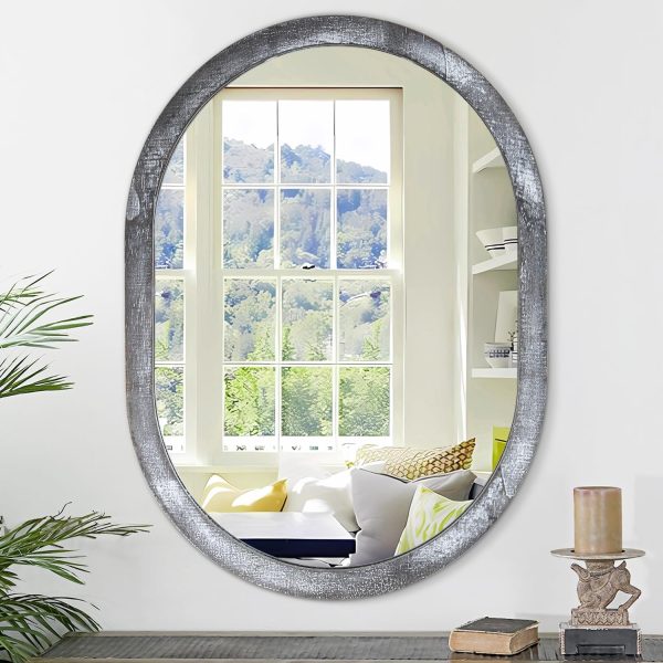 Large Oval Wood Mirror 26 x 18 Inch, Wall Framed Bathroom Mirror for Vanity Farmhouse Rustic White Mirror for Vanity Living Room Entryway Bedroom