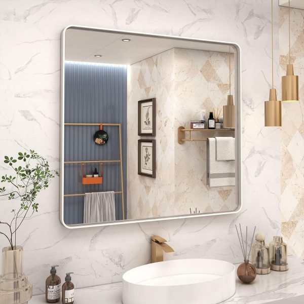 71C-qtNuGjL._AC_SL1500 20x30 Silver Bathroom Mirror, Silver Wall Mirror for Vanity, Brushed Metal Framed Rectangle Mirror, Anti-Rust, Brushed Nickel,Shatterproof, Round Corners(Horizontally/Vertically)
