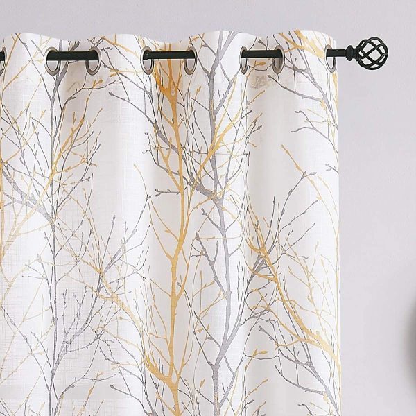 Tree Print Yellow Grey and White Curtains for Living Room Windows - Linen Textured Grommet Branches Pattern Window Treatment Set for Bedroom - 50" W x 96" L - (2 Panels)