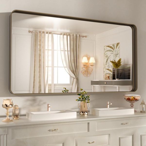 71DMIgYKZjL._AC_SL1500 22x30 Inch Bronze Bathroom Mirror for Vanity, Brushed Bronze Metal Frame Mirror for Wall, Rounded Rectangle Bronze Frame Mirror with Tempered Glass, Anti-Rust (Horizontal/Vertical)