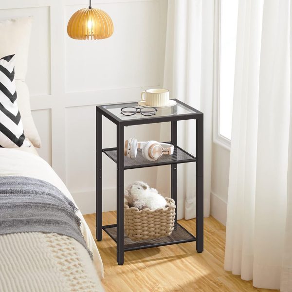 Side Tables Set of 2, 3-Tier Slim Nightstands with Storage Shelves, Modern End Tables, Tempered Glass Bedside Tables, for Living Room, Bedroom, Black BK77BZP201