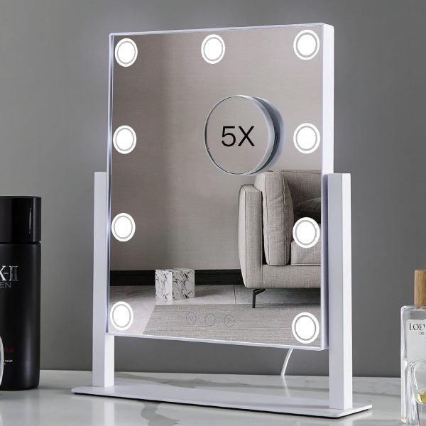 Lighted Makeup Mirror, Hollywood Vanity Mirror with Lights, Three Color Lighting Modes, and 5X Magnification Mirror, Smart Touch Control, 360°Rotation (15.2in. White)