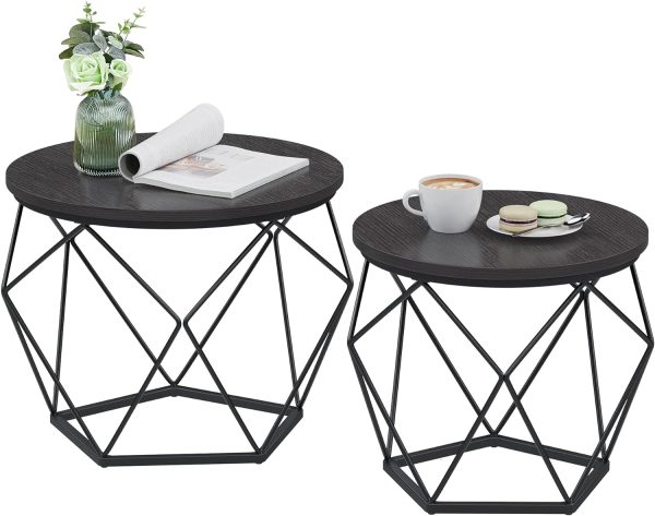71EKQ4EAubL._AC_SL1500 Small Coffee Table Set of 2, Round Coffee Table with Steel Frame, Side End Table for Living Room, Bedroom, Office, Rustic Brown and Black