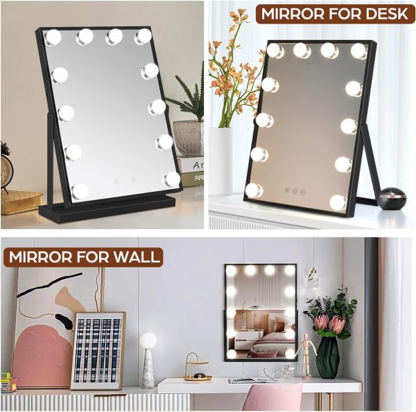 Vanity Mirror with Lights, Black Lighted Makeup Mirror with 12 LED Bulbs for Desk and Wall, Dimmable 3 Lighting Modes, 360-degree Rotating with USB-C and Charger (16”x12”)