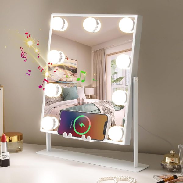 71GmueZUE0L._AC_SL1500 Vanity Mirror with Lights Hollywood Lighted Makeup Mirror with 9 Dimmable Bulbs & 3 Color Lighting Modes, Detachable 10X Magnification Mirror and 360 Degree Rotation(White)