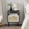 Rattan Nightstand,Modern Boho Farmhouse Wood Bedside Table with Storage Drawer and Open Shelf,Small Gold Frame Side End Table for Bedroom,Living Room,Office(White)