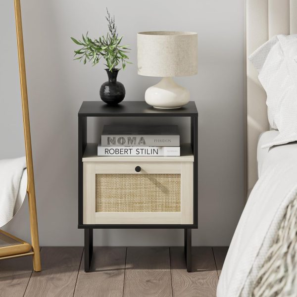 Rattan Nightstand,Modern Boho Farmhouse Wood Bedside Table with Storage Drawer and Open Shelf,Small Gold Frame Side End Table for Bedroom,Living Room,Office(White)