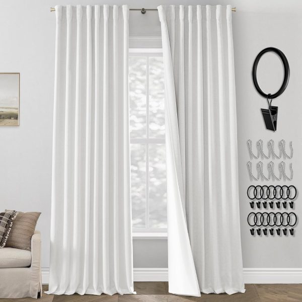 108 Inch Long Blackout Curtains & Drapes for Track System Pleated with Hooks Rings 2 Panels Set,Linen Black Out Back Tab 9FT Ceiling to Floor Length Curtains for Living Room,Cream Ivory