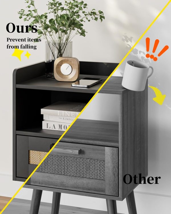 Nightstand,Boho Bedside Table,Black Night Stand with Rattan Decorated Drawers,Bedside Furniture, Wood End Table for Bedroom,Living Room,Natural