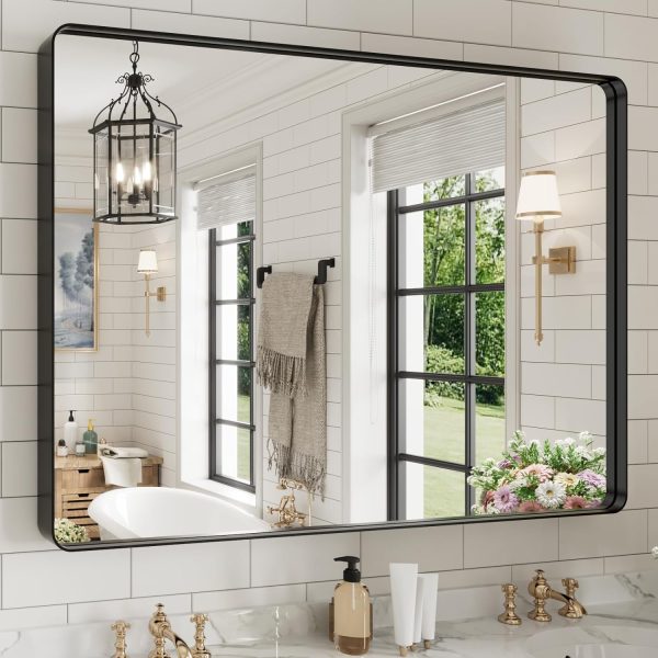 71J_YOL2YwL._AC_SL1500 22x30 Inch Bronze Bathroom Mirror for Vanity, Brushed Bronze Metal Frame Mirror for Wall, Rounded Rectangle Bronze Frame Mirror with Tempered Glass, Anti-Rust (Horizontal/Vertical)
