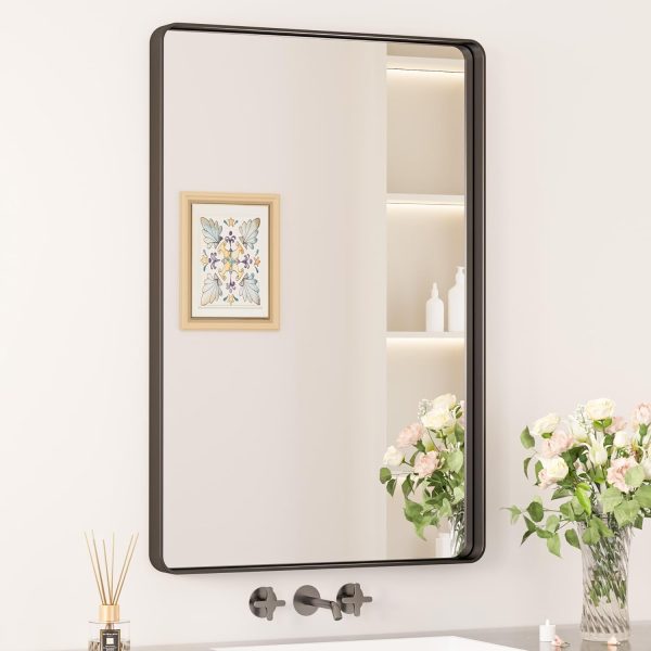71KRXGG2JML._AC_SL1500 Black Metal Framed Bathroom Mirrors for Wall, 20 x 30 Inch Rounded Rectangle Bathroom Vanity Mirror, Matte Black Farmhouse Mirror with Seamless Frame, HD Tempered Glass(Horizontal/Vertical)