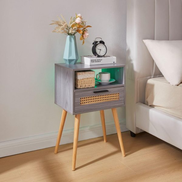 71KXKTCek6L._AC_SL1500 Bedside Table with LED Light, Nightstand with Drawer 24" Tall Night Stand with Storage Wicker Boho End Table Night Stand with Rattan Drawer Sofa Table with Open Wide and Deep Shelf Solid Wood Feet