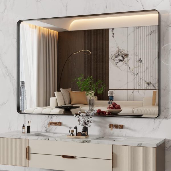 71L67Z3AsHL._AC_SL1500 22x30 Inch Bronze Bathroom Mirror for Vanity, Brushed Bronze Metal Frame Mirror for Wall, Rounded Rectangle Bronze Frame Mirror with Tempered Glass, Anti-Rust (Horizontal/Vertical)