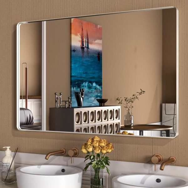 71L6uJ2Z2RL._AC_SL1500 22x30 Inch Bronze Bathroom Mirror for Vanity, Brushed Bronze Metal Frame Mirror for Wall, Rounded Rectangle Bronze Frame Mirror with Tempered Glass, Anti-Rust (Horizontal/Vertical)