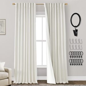 108 Inch Long Blackout Curtains & Drapes for Track System Pleated with Hooks Rings 2 Panels Set,Linen Black Out Back Tab 9FT Ceiling to Floor Length Curtains for Living Room,Cream Ivory