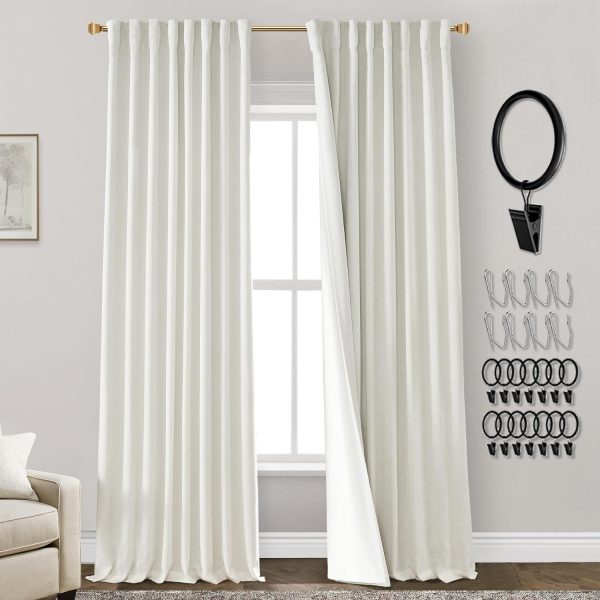 108 Inch Long Blackout Curtains & Drapes for Track System Pleated with Hooks Rings 2 Panels Set,Linen Black Out Back Tab 9FT Ceiling to Floor Length Curtains for Living Room,Cream Ivory