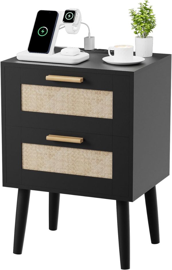 71MY1HXvLiL._AC_SL1500 Nightstand with Charging Station,Rattan Night Stand with Solid Wood Legs, Bedside Table with USB Ports & Outlets Bed Side Table,End Table for Bedroom,Living Room(Nature Wood Color)