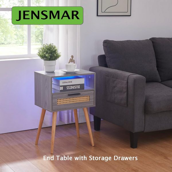 71NI7h72vcL._AC_SL1500 Bedside Table with LED Light, Nightstand with Drawer 24" Tall Night Stand with Storage Wicker Boho End Table Night Stand with Rattan Drawer Sofa Table with Open Wide and Deep Shelf Solid Wood Feet