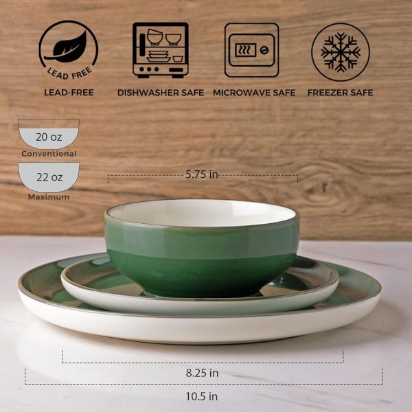 Ceramic Dinnerware Sets, 12 Pieces Emerald Green Stoneware Dinner Set, Plates and Bowls Sets, Dishwasher & Microwave Safe | Service for 4
