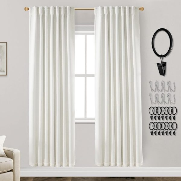 108 Inch Long Blackout Curtains & Drapes for Track System Pleated with Hooks Rings 2 Panels Set,Linen Black Out Back Tab 9FT Ceiling to Floor Length Curtains for Living Room,Cream Ivory