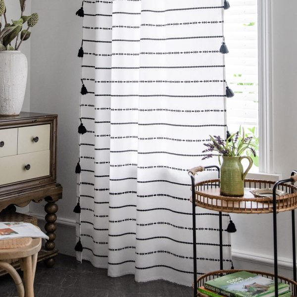 Geometric Semi-Blackout Window Curtains 2 Panels Boho Linen Room Darkening Curtains Tassels Rod Pocket Window Drapes for Bedroom Living Room(52" W x 63" L Pair, Cream)