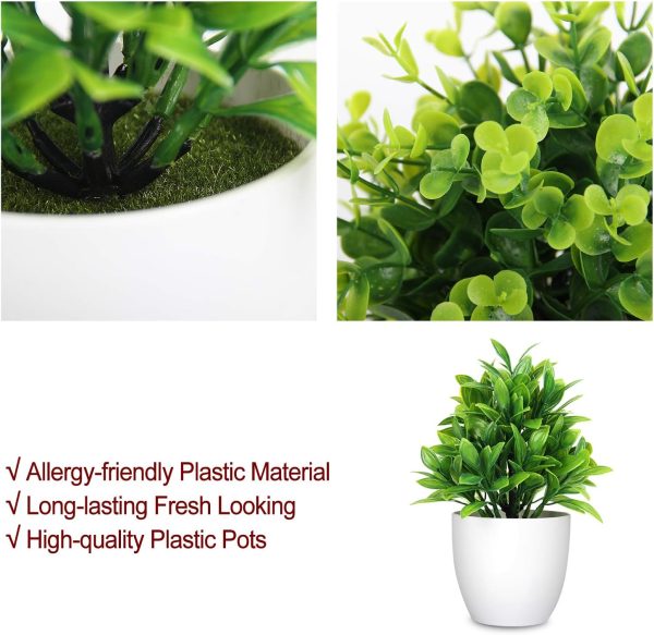 71OdkBAg1lL._AC_SL1500 rtificial Potted Plants Mini Fake Plants in Pots, 4 Pack Medium Eucalyptus Potted Faux Decorative Grass Plant with White Plastic Pot for Home Decor, Indoor, Office, Desk, Table Decoration