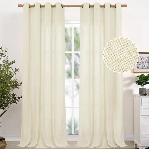 Natural Linen Curtains 63 Inch Length 2 Panels Bronze Grommet Linen Textured Short Window Drapes Light Filtering for Living Room Bedroom, 52 X 63 Inch