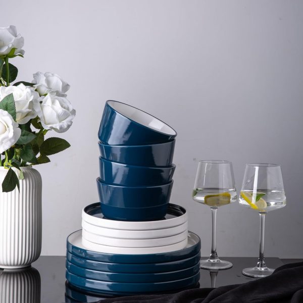 Ceramic Dinnerware Sets for 4,12 -Piece Double Color Stoneware Plates and Bowls Set,Chip and Crack Resistant | Dishwasher & Microwave Safe Dishes Set,Service for 4 -White &Blue