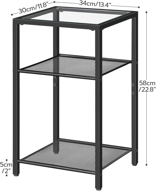 Side Tables Set of 2, 3-Tier Slim Nightstands with Storage Shelves, Modern End Tables, Tempered Glass Bedside Tables, for Living Room, Bedroom, Black BK77BZP201